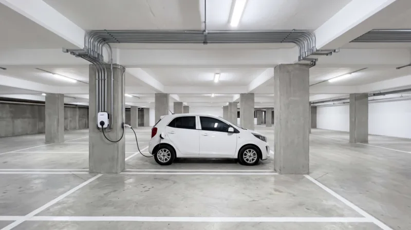 Cargador instalado en una columna del parqueadero de un edificio, con la canalización por el techo