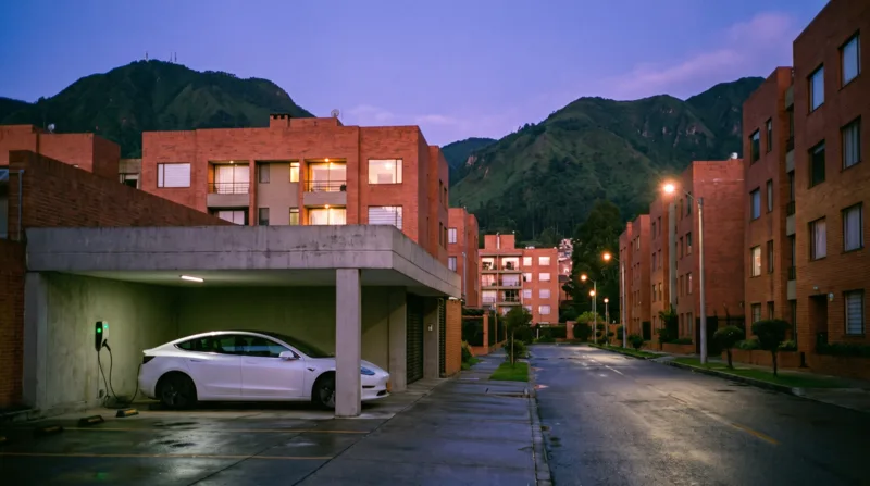Entrada del parqueadero de un edificio residencial de ladrillo con un carro eléctrico cargando