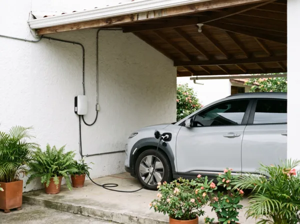 Wallbox blanco instalado en el garaje de una casa, con el cable conectado a un carro eléctrico