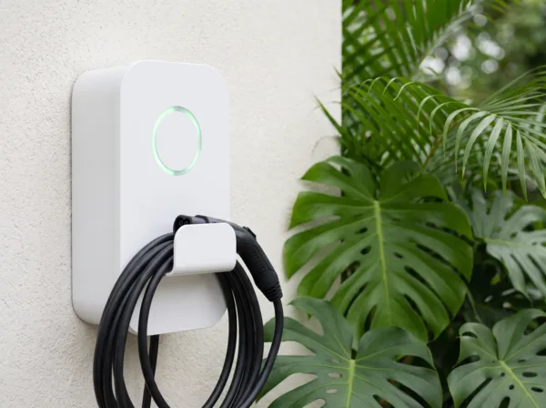Wallbox blanco con anillo de luz verde instalado en una pared junto a plantas, con el cable y el conector en su soporte