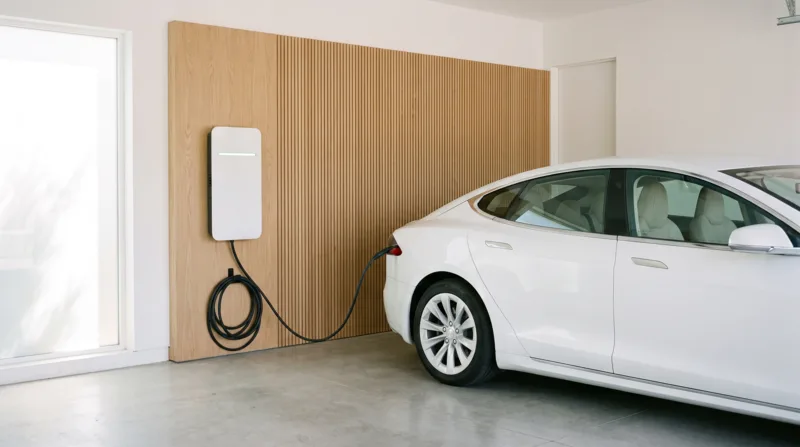 Sedán blanco cargando en un conector de pared dentro de un garaje blanco