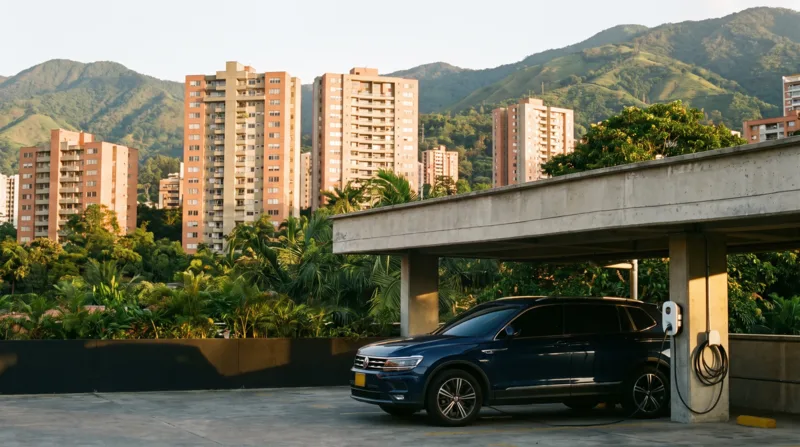 Torres de apartamentos en la ladera de Medellín con un carro eléctrico cargando en un parqueadero cubierto