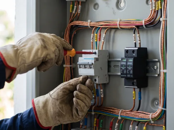 Manos de un electricista instalando el breaker y la protección DPS en un tablero eléctrico