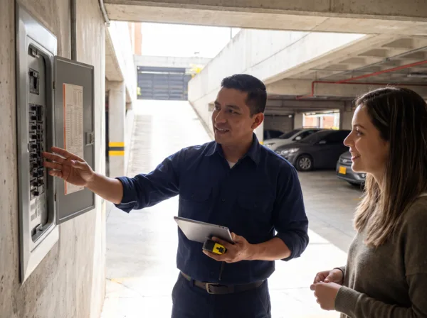 Técnico con tablet y metro explicando la instalación de un cargador a un cliente frente al tablero eléctrico